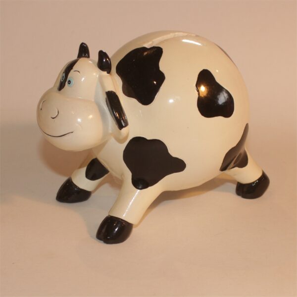 Money Box Coin Bank Ceramic Cow White with Black Markings