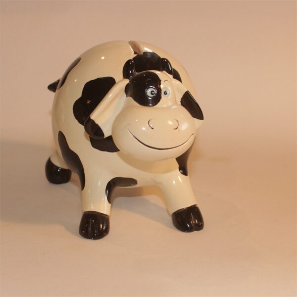 Money Box Coin Bank Ceramic Cow White with Black Markings