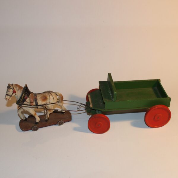 Antique PreWar Austria Composition Putz Paper Mache Draught Horse & Cart Pull Toy