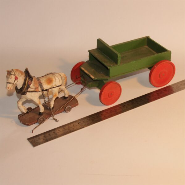 Antique PreWar Austria Composition Putz Paper Mache Draught Horse & Cart Pull Toy