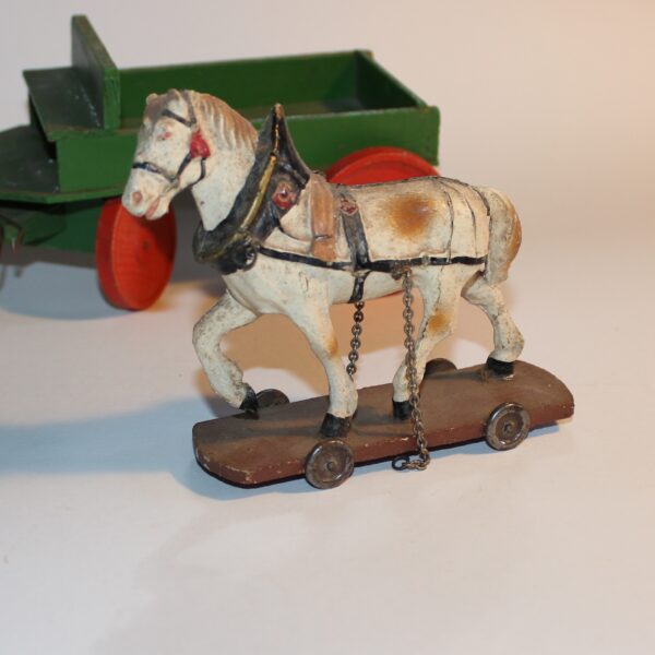Antique PreWar Austria Composition Putz Paper Mache Draught Horse & Cart Pull Toy