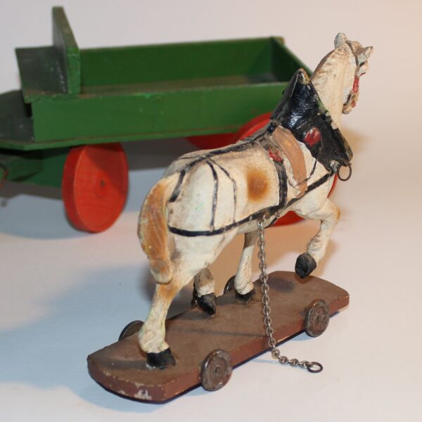 Antique PreWar Austria Composition Putz Paper Mache Draught Horse & Cart Pull Toy