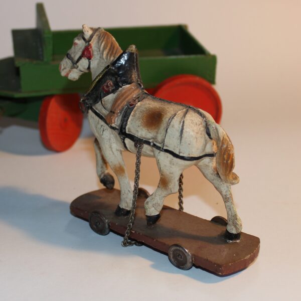 Antique PreWar Austria Composition Putz Paper Mache Draught Horse & Cart Pull Toy