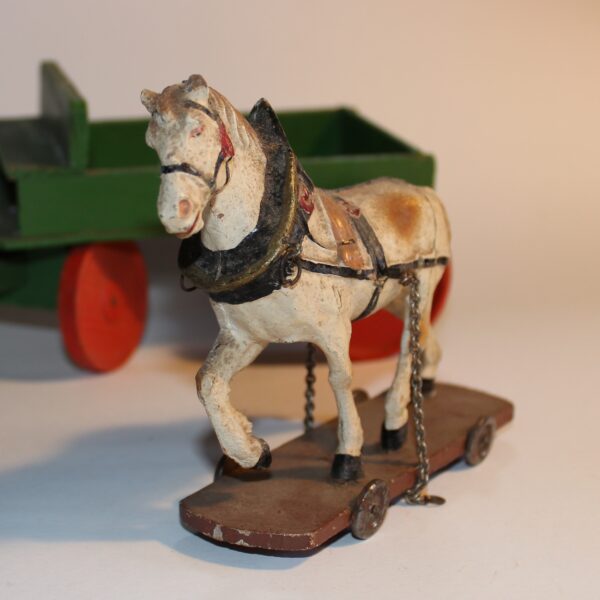 Antique PreWar Austria Composition Putz Paper Mache Draught Horse & Cart Pull Toy