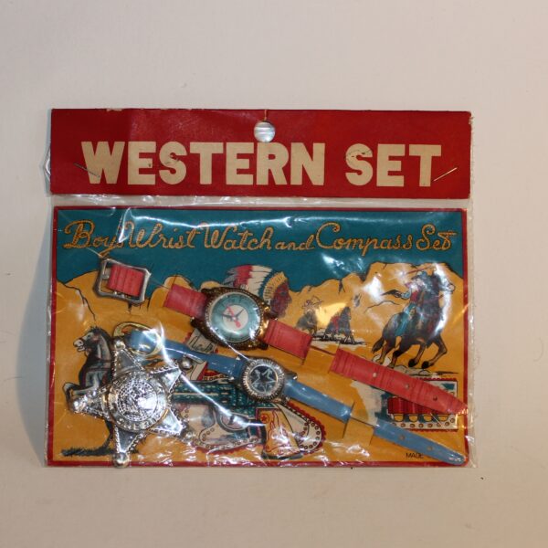 Western Deputy Sheriff Set Wristwatch Compass Badge Japan Tin c1960